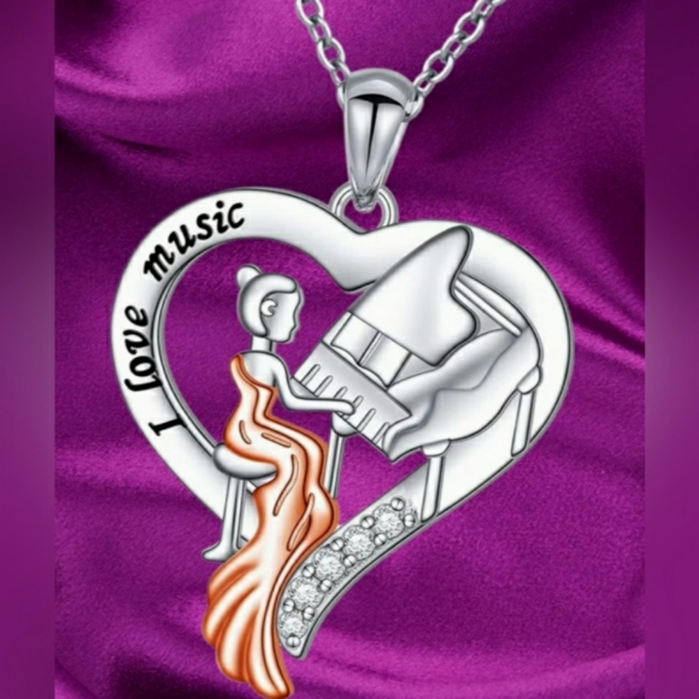 NEW Silver Heart Shaped I Love Music Girl Playing Piano Necklace w/Rhinestones